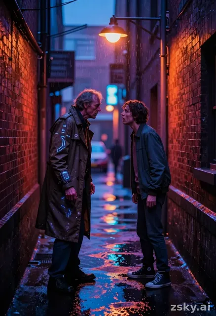 A surreal, dreamlike illustration capturing a fleeting moment of temporal paradox in a quiet, rain-slicked urban alleyway at…