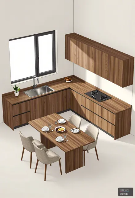 Partendo da questa planimetria, crea una cucina angolare, con il piano colazione lungo la finestra.