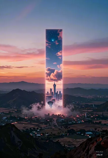 cinematic futuristic album cover, surreal landscape at sunset with mountains and open terrain, vibrant sky with pink, blue…