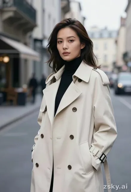 A striking photorealistic portrait of a confident woman standing poised against a minimalist urban backdrop.