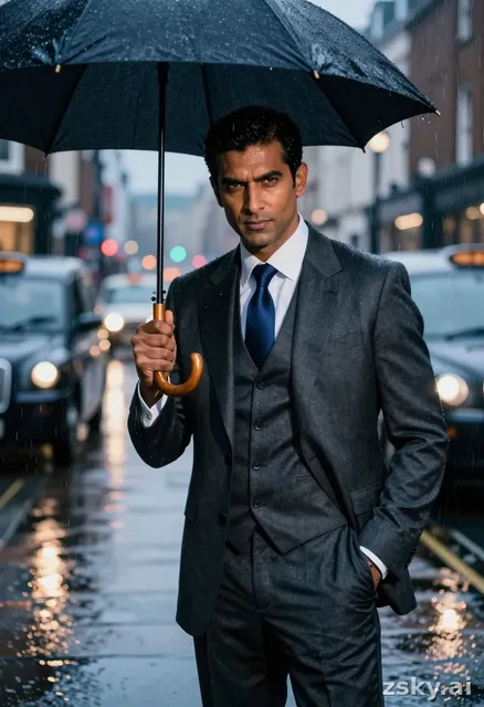 A photorealistic cinematic portrait of a distinguished forty-three-year-old Indian man, exuding the sophisticated allure and…