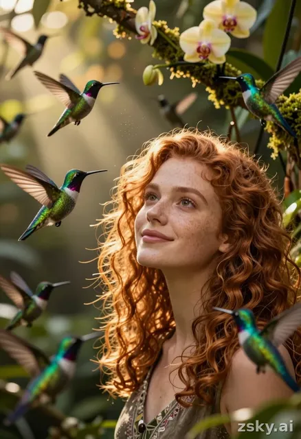 Cinematic close-up of a young woman with curly auburn hair and freckled skin, standing in a sun-dappled jungle clearing at…