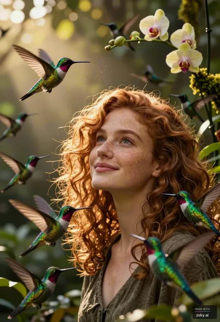 Cinematic close-up of a young woman with curly auburn hair and freckled skin, standing in a sun-dappled jungle clearing at…