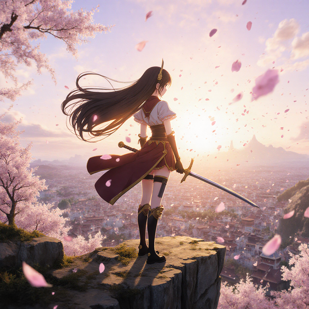 Anime warrior on a cliff overlooking a fantasy kingdom with cherry blossoms and golden hour lighting — ZSky AI