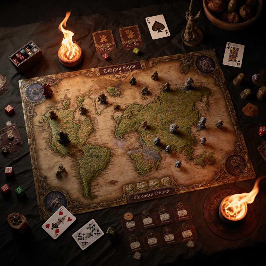 AI-generated epic board game tabletop with fantasy pieces and warm firelight