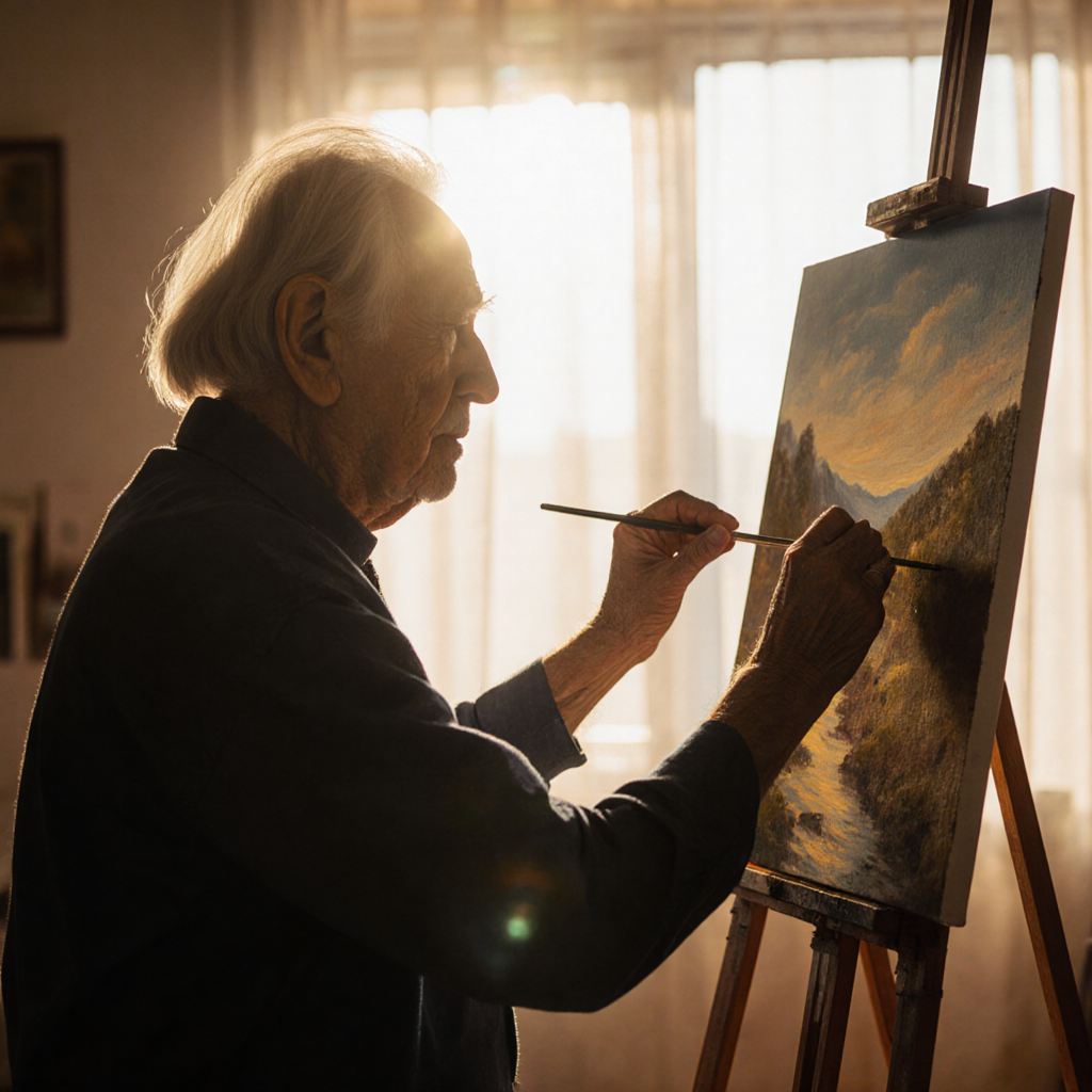 Elderly artist painting in sun-drenched studio — ZSky AI