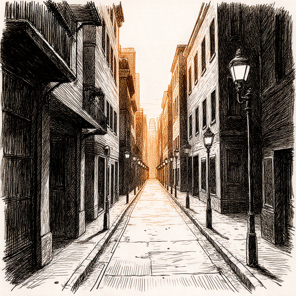 intricate cross-hatching illustration of a city street — ZSky AI