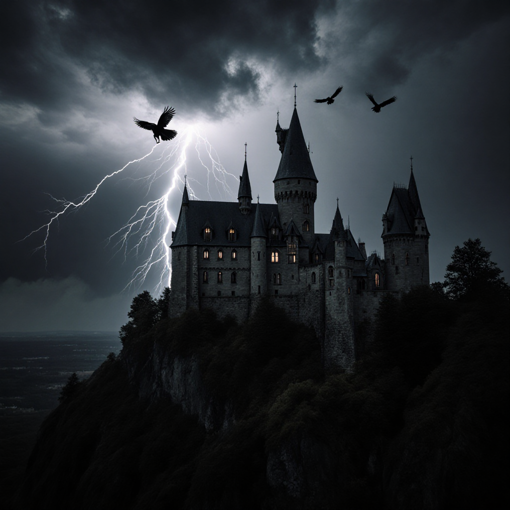 dark fantasy castle on cliff edge in lightning storm — ZSky AI