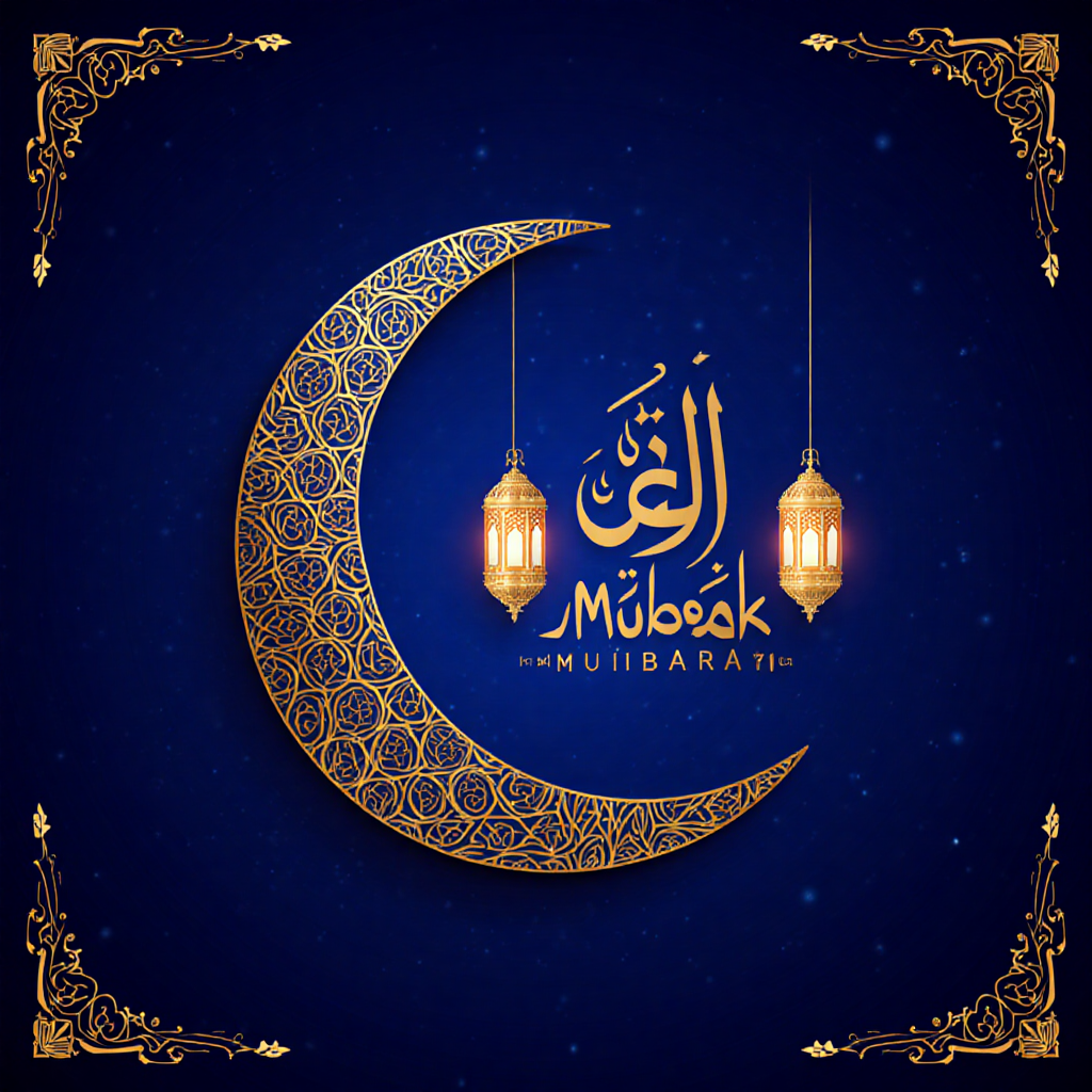 Eid Mubarak greeting with crescent moon and golden lanterns — ZSky AI