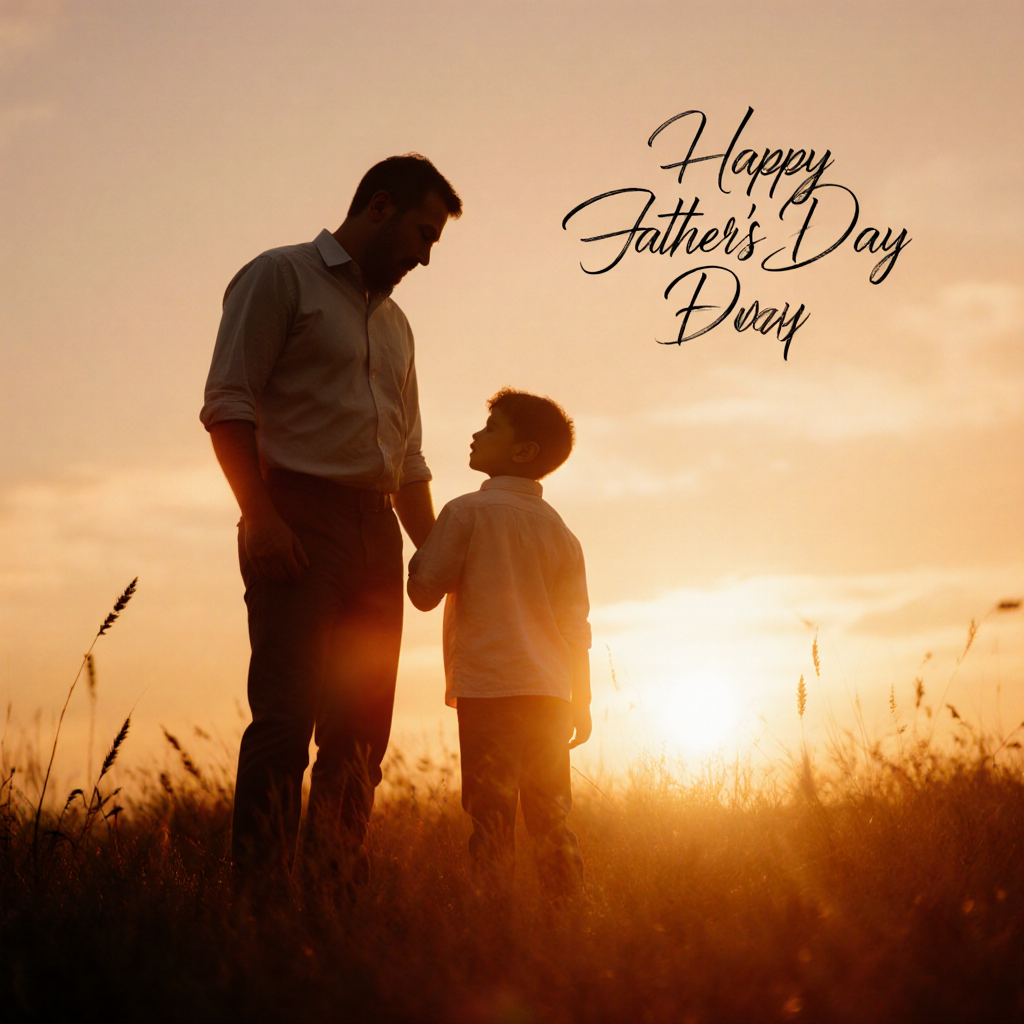 AI-generated Father's Day card with father and child silhouette at sunset