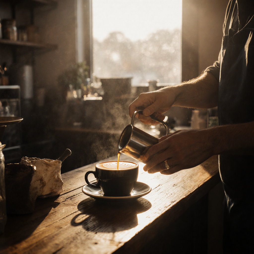 AI-generated cozy coffee shop interior with latte art and warm lighting