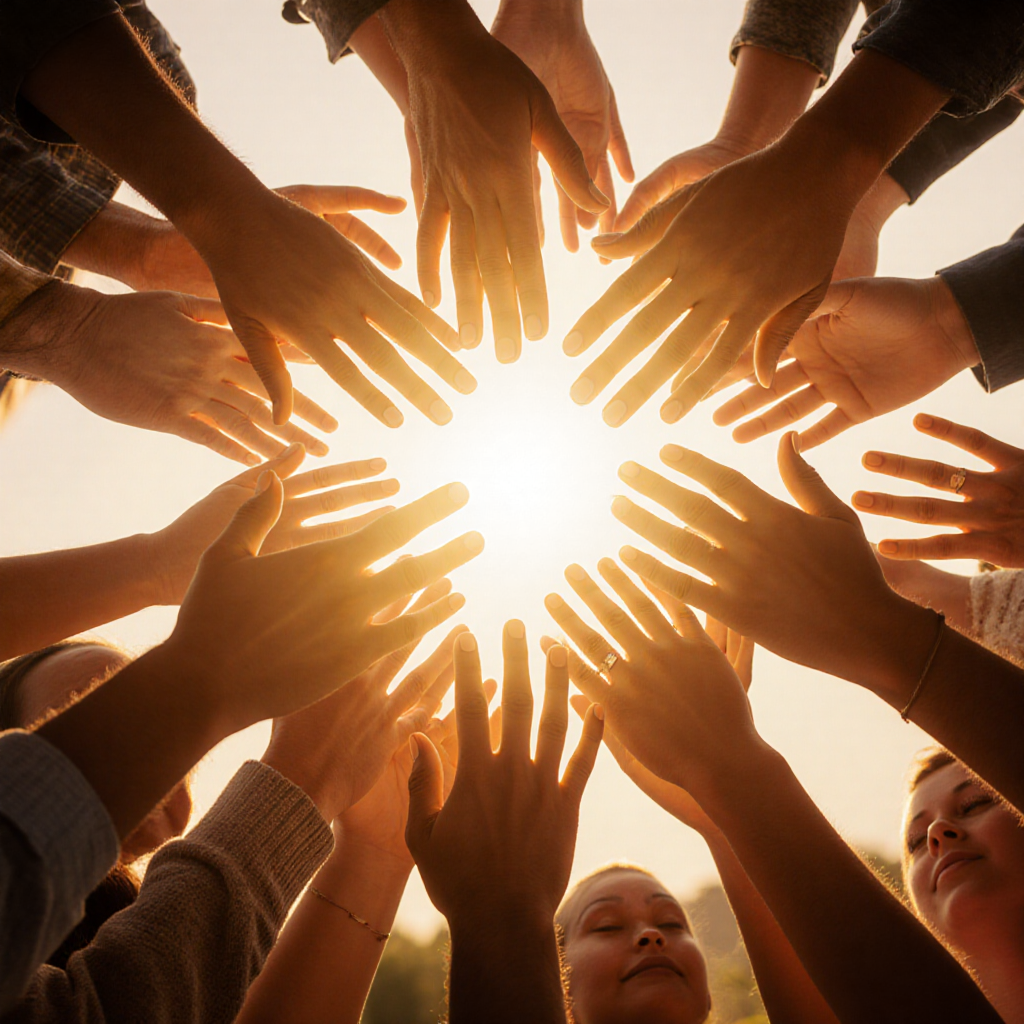 diverse hands reaching toward light symbolizing community unity — ZSky AI