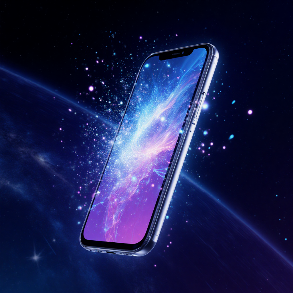 Smartphone floating in space displaying AI-generated artwork with holographic neon particles — ZSky AI