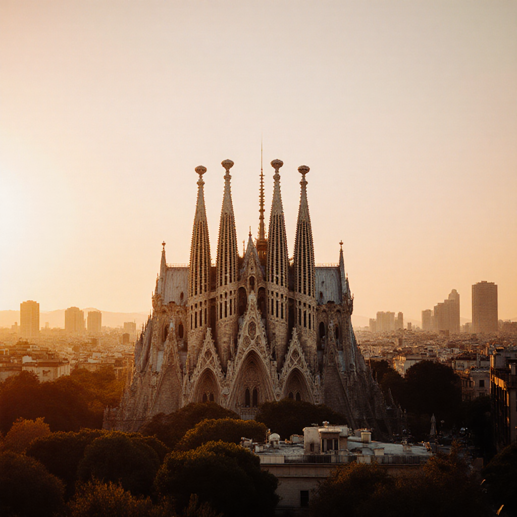 Sagrada Familia at golden hour, Barcelona skyline — ZSky AI