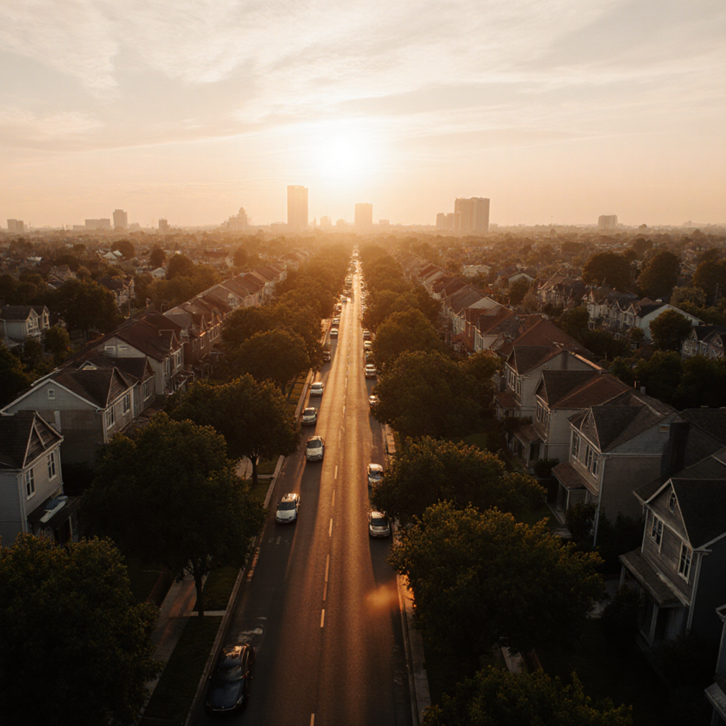 AI-generated aerial drone view of residential neighborhood at golden hour