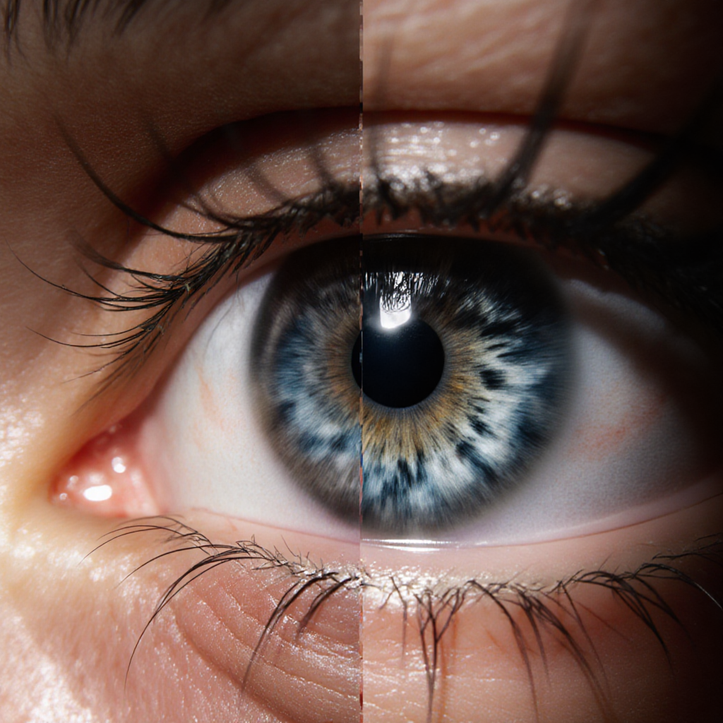 Extreme close-up eye comparison with pixelated left half and crystal-clear detailed right half — ZSky AI