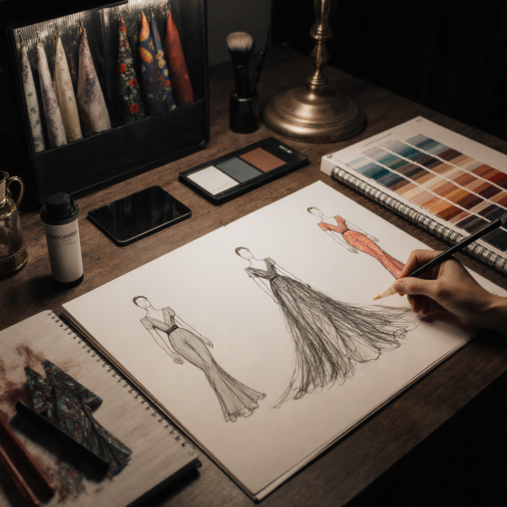 AI-generated haute couture fashion design atelier with sketches and fabric