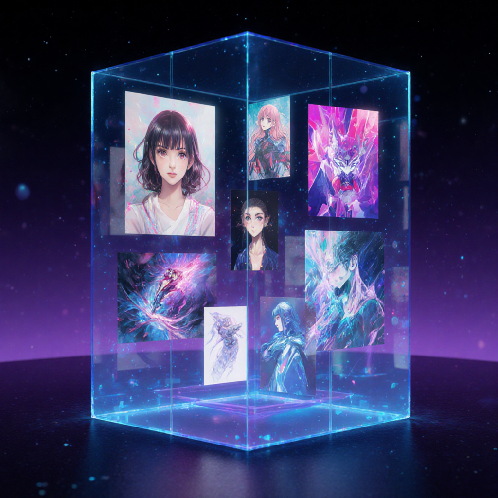 Diverse AI-generated artworks displayed in a futuristic holographic gallery with blue and purple volumetric lighting — ZSky AI
