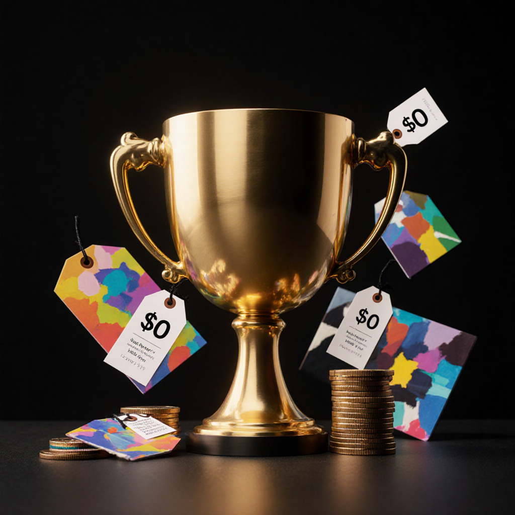 Golden trophy surrounded by AI artwork samples and price tags in dramatic commercial lighting — ZSky AI