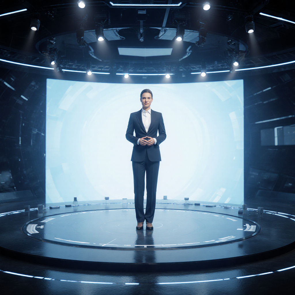 professional virtual presenter on futuristic stage — ZSky AI