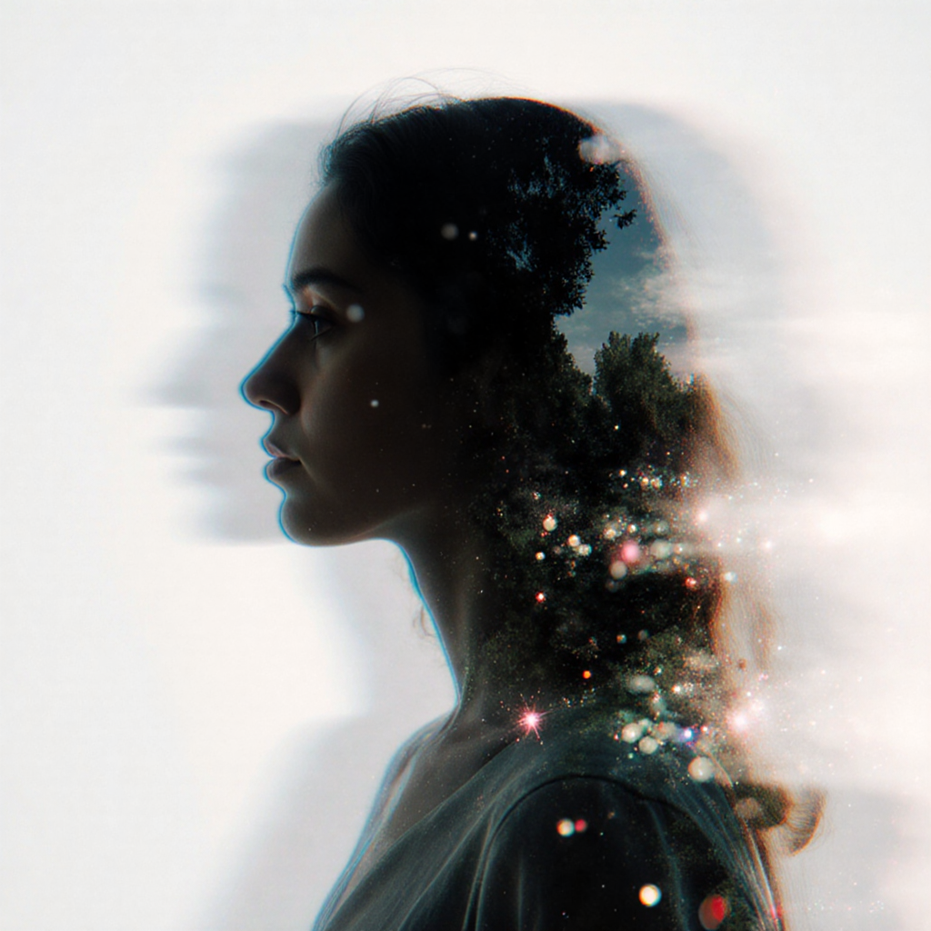AI-generated double exposure photo blend with ethereal dissolve effect