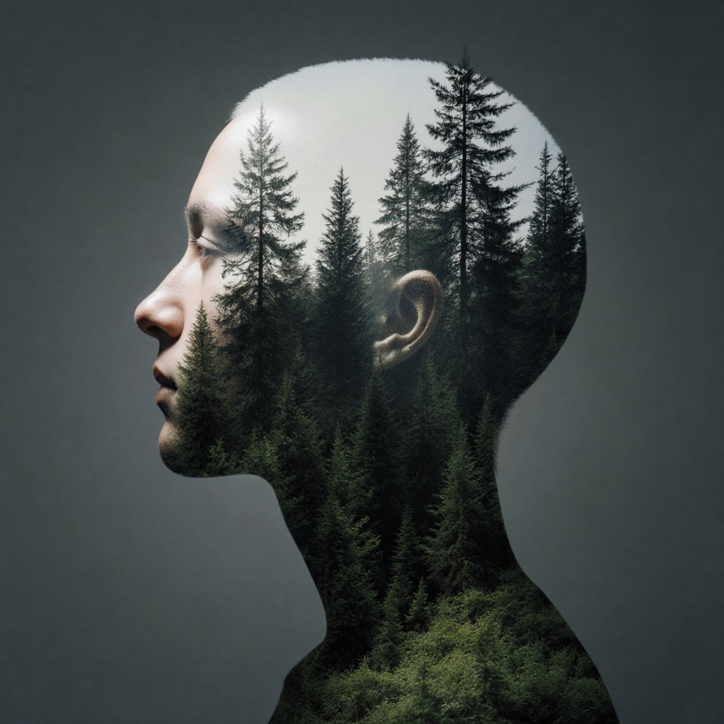 AI-generated double exposure portrait merging face with forest landscape
