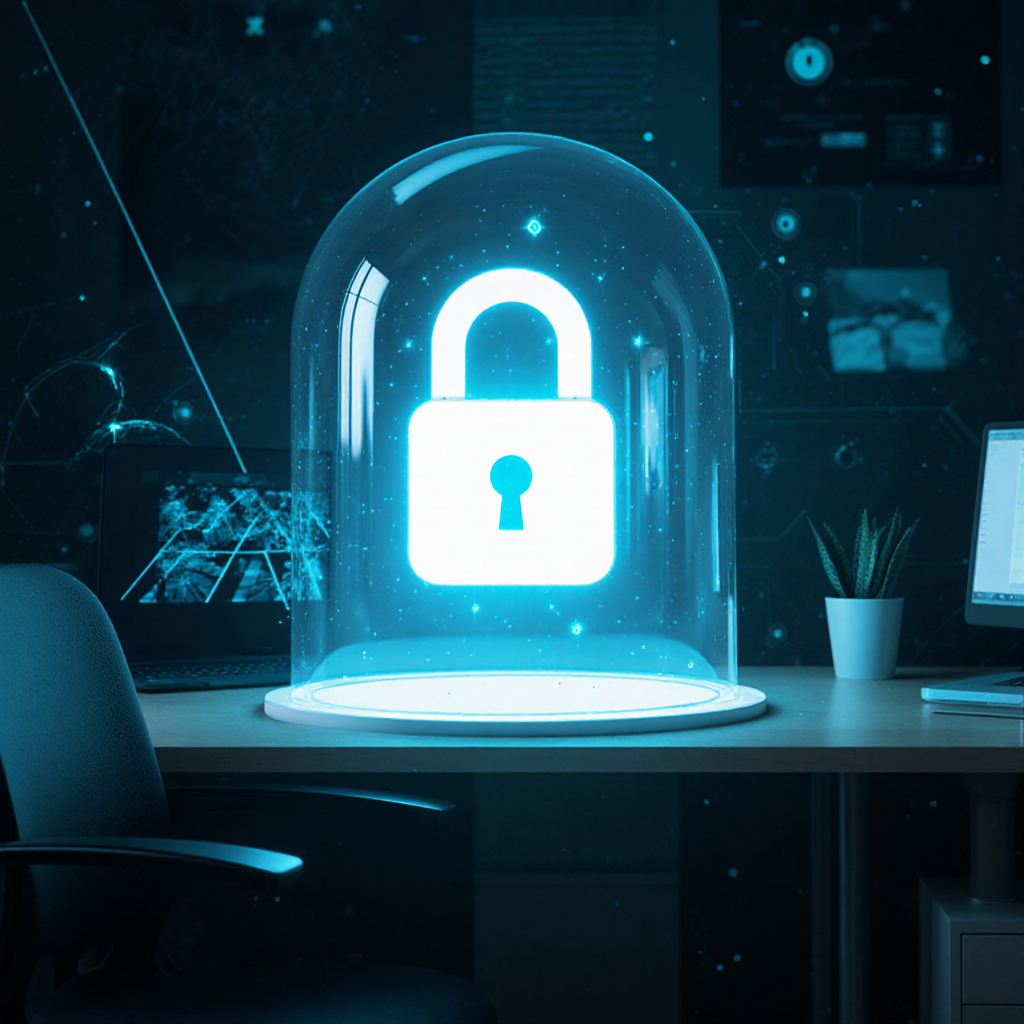 Glowing padlock shield over a creative workspace with holographic privacy barrier and cyan lighting — ZSky AI