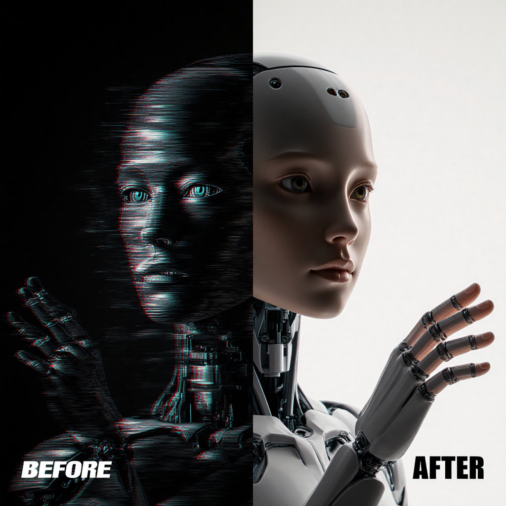 Split-screen comparison showing a flawed AI image on the left versus a perfect crystal-clear AI portrait on the right — ZSky AI