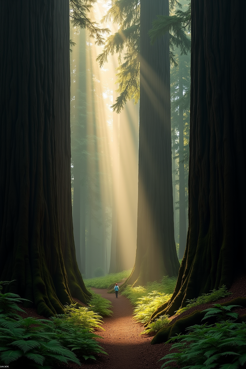 AI-generated misty redwood forest with god rays — ZSky AI