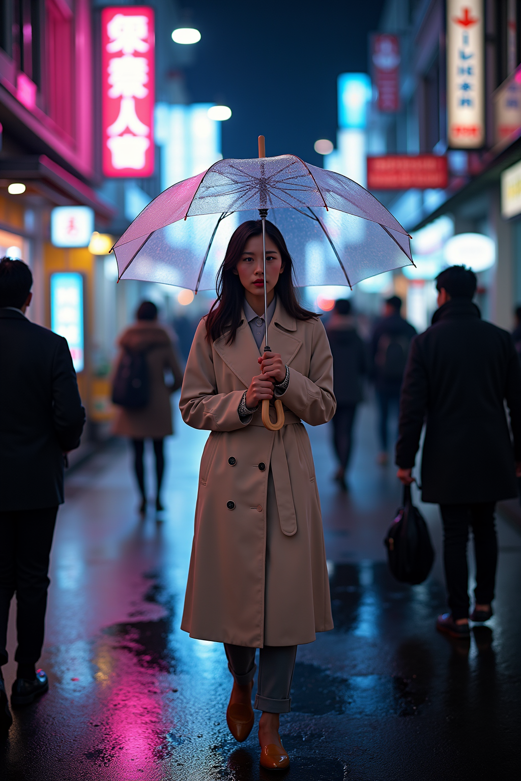 Editorial AI headshot, Japanese woman in Tokyo rainlight, mood reference