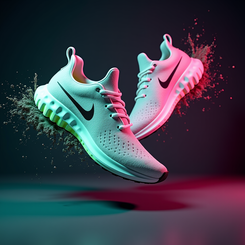 AI-generated dynamic sneaker product photo with colored powder — ZSky AI