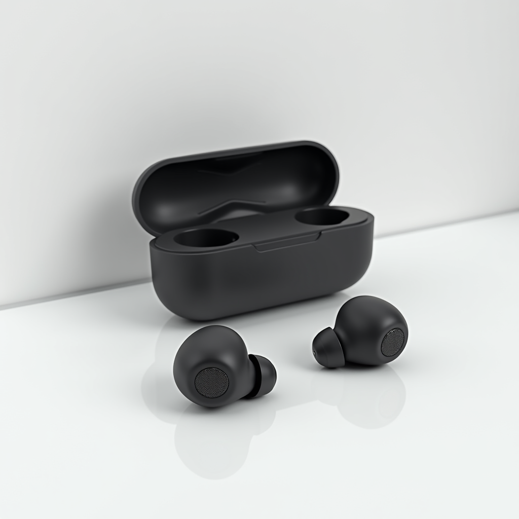 AI-generated minimal product mockup of wireless earbuds — ZSky AI
