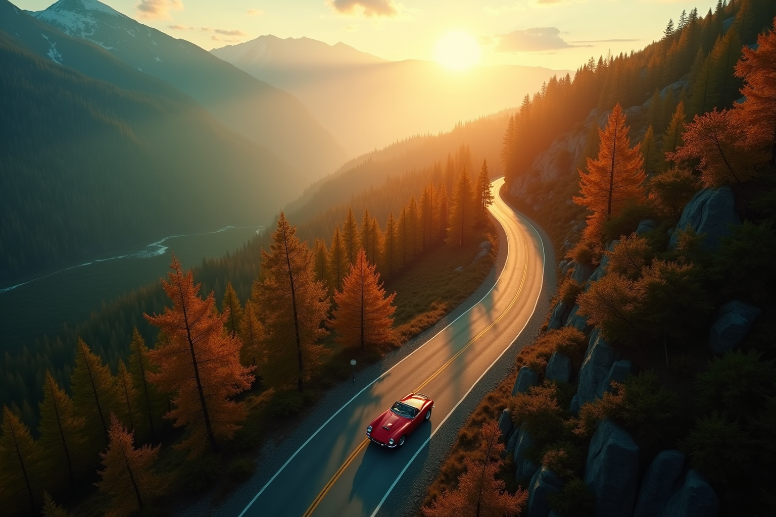 AI-generated cinematic aerial autumn road scene — ZSky AI