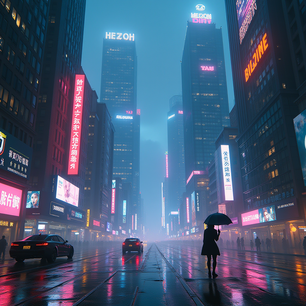 AI cyberpunk cityscape with neon lights and rain created with ZSky AI